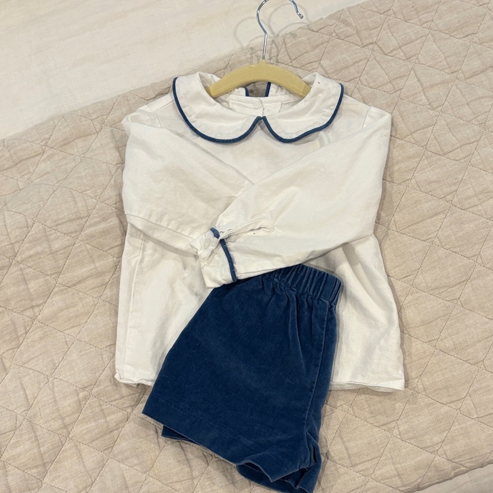 Willow White Cotton Top with Navy Piped Peter Pan Collar with Velvet Shorts